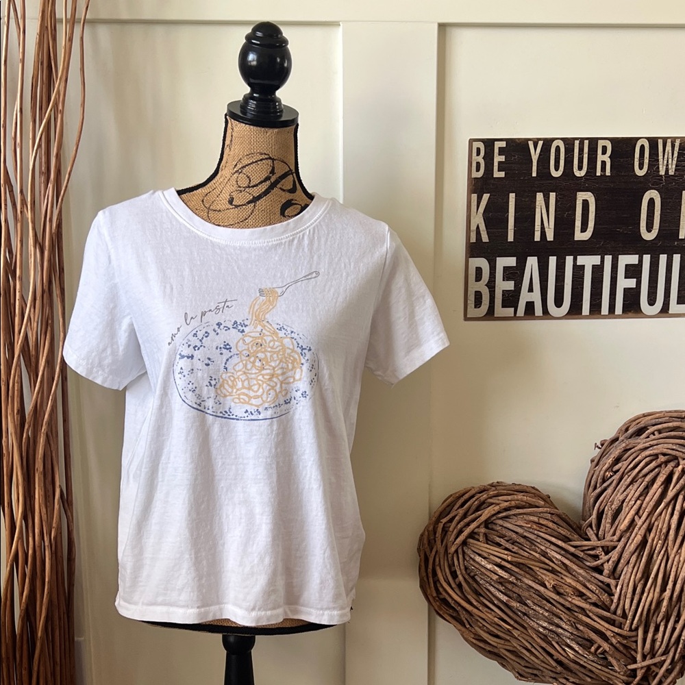 C&C California White Tee with Blue and Gold Pasta Graphic